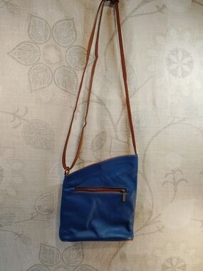 Blue Crossbody Bag with Brown Strap